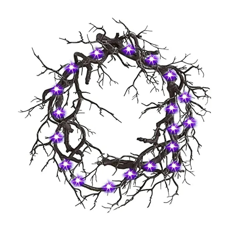 Halloween Black Branch Wreath with LED String Lights – Witch Hat, Skull & Pumpkin Front Door Decoration – Purple or Red Light, Battery-Operated