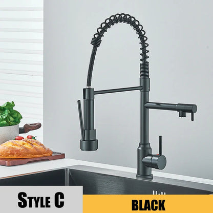 Black Pull-Down Kitchen Faucet - Single-Handle Hot & Cold Mixer, Dual Spout, 2-Mode Spray, 360° Rotating Deck-Mounted
