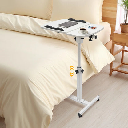 Adjustable White Mobile Laptop Table Stand with Lockable Wheels, Height & 360° Tilt C-Table for Bed Sofa Home Office