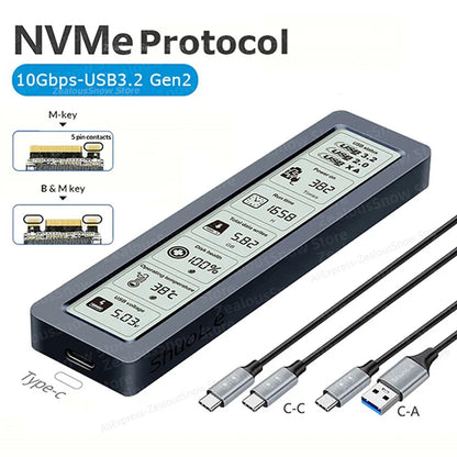 M.2 NVMe SATA Dual-Protocol SSD Enclosure with HD Display USB 3.2 Gen2 Type-C 10Gbps