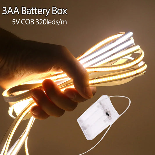 5V COB LED Strip Light with 3xAA Battery Box, 8mm 320 LEDs/m, 0.5–5m, Warm/Natural/Cool White, Adhesive Backing