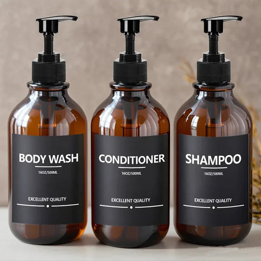500ml (16.9 fl oz) Amber Refillable Pump Bottle Set with Black Label Stickers - Shampoo, Shower Gel & Liquid Soap Dispensers for Bathroom & Kitchen