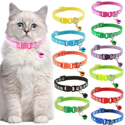 Adjustable Cat Collar with Bell and D-Ring, Dog-Print Rope Necklace, Multiple Colors