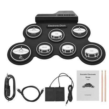 Portable Folding Silicone Electronic Drum Pad USB Hand-Roll Practice Kit with Drumsticks & Sustain Pedal