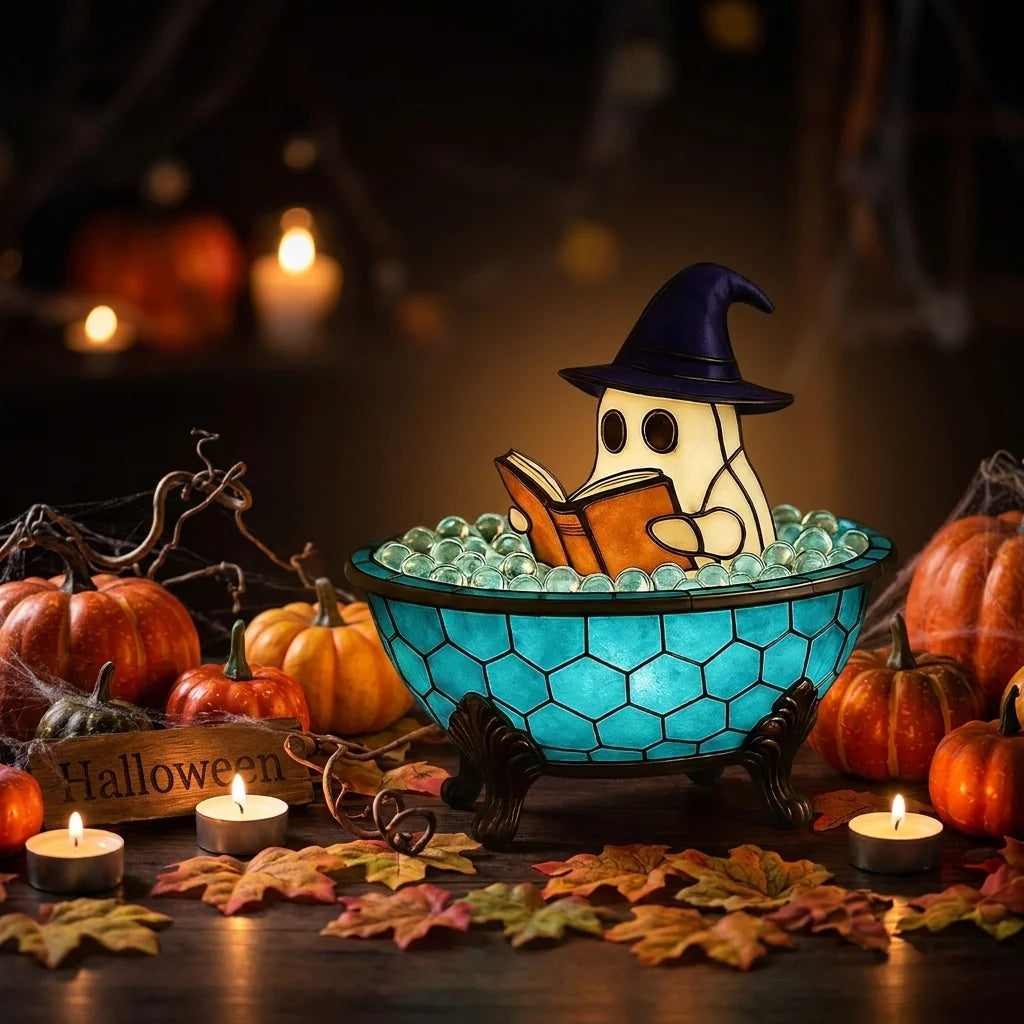 Ghost Bathtub Reading Night Light - Stained Glass & Resin Rechargeable Ambient Lamp with Iron Tripod Base, Halloween & Home Decor