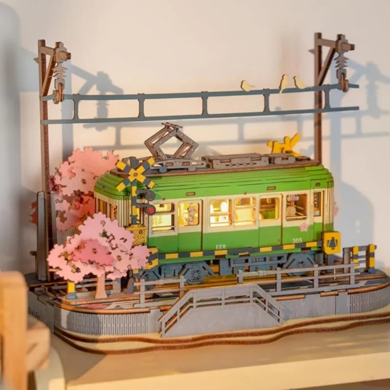Robotime Sakura Journey Tram 3D Wooden Puzzle with LED Lights – 223-Piece Model Kit for Adults