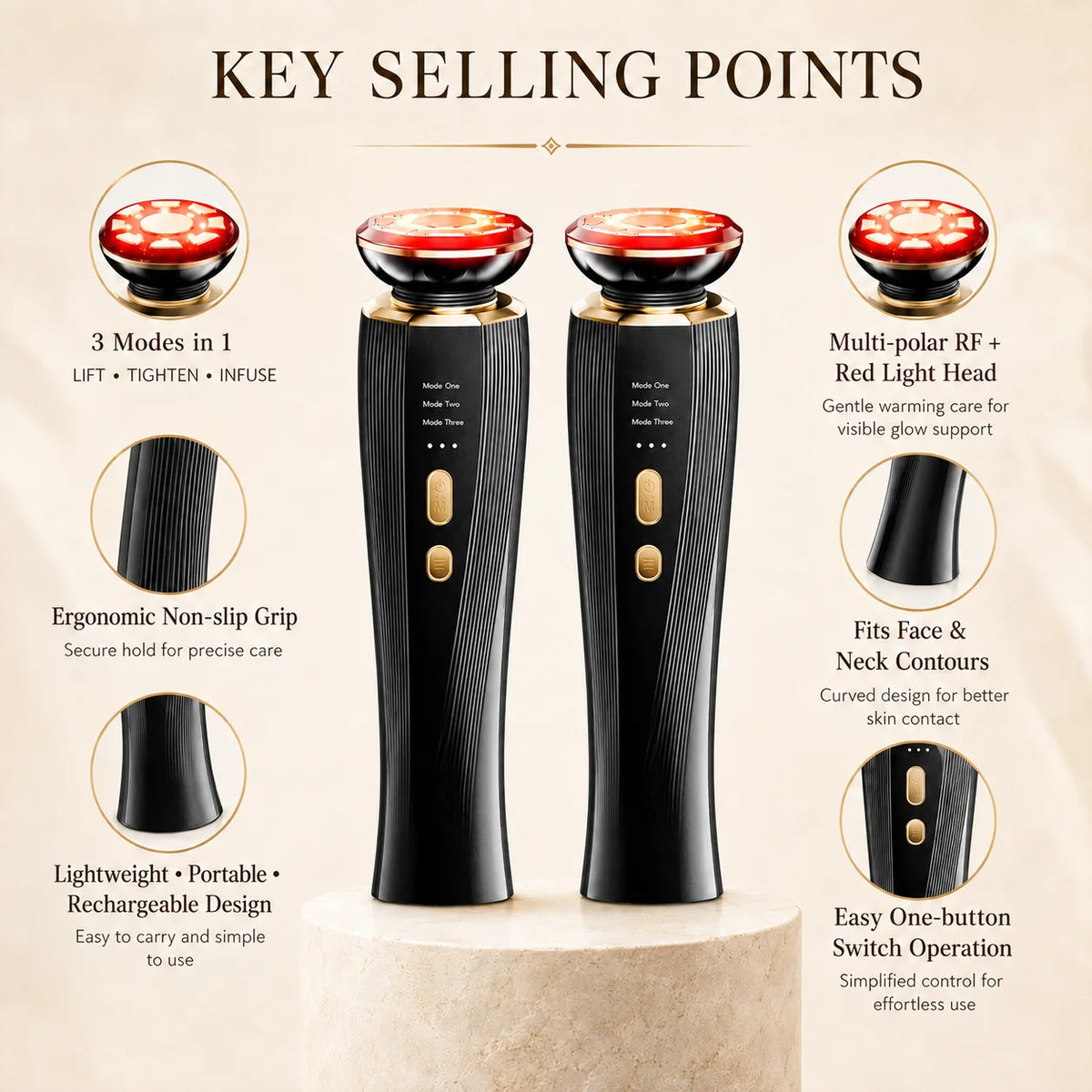 3-Mode LED Red Light Therapy Facial Massager Wand – Handheld Face & Neck Skincare Device for Home Spa