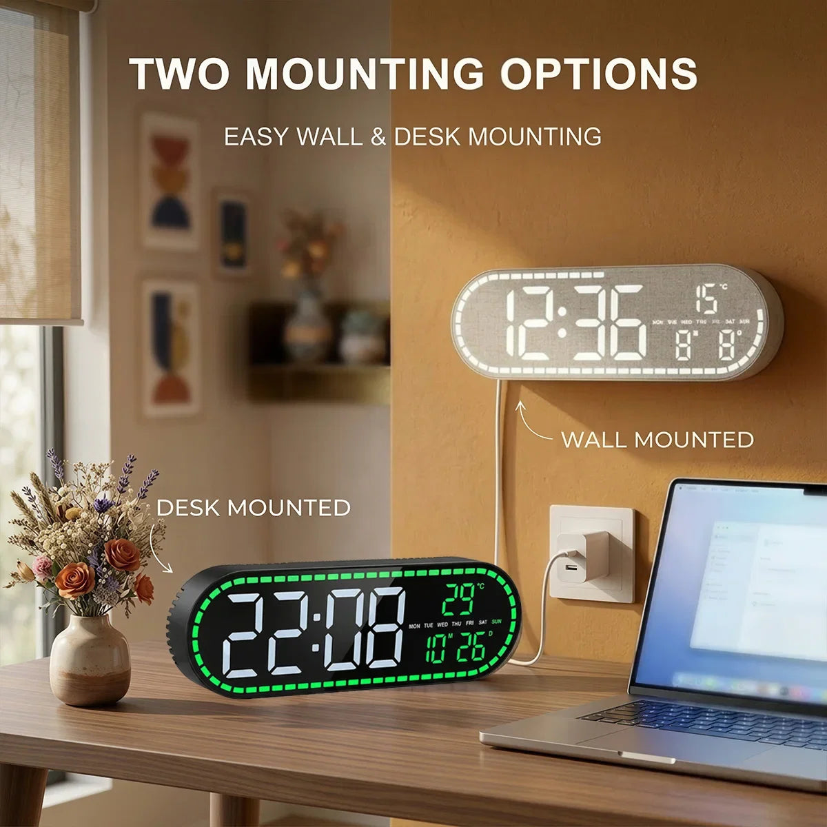 Digital Wall Clock Temperature Date Week Display Brightness Adjustable 12/24H Electronic LED Desk Alarm Clock for Home Decor