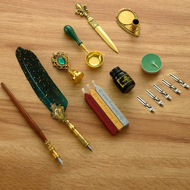 Retro Feather Dip Pen Calligraphy Set with Ink, 5 Nibs & Wax Seal Kit – Quill Writing Set for Stationery, Crafts & Gifts