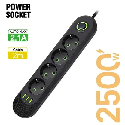 EU Plug 2m (6.6ft) 2500W Power Strip 3 EU Sockets 3 USB Fast Charging Surge Protector with On/Off Switch