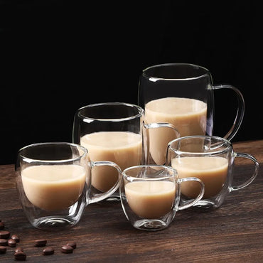 Clear Double Wall Insulated Glass Cups — 5 Sizes | Coffee, Espresso, Tea, Beer & Whiskey Mugs