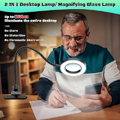 USB Clip-On Magnifying Desk Lamp, 5x Lens, Dimmable LED