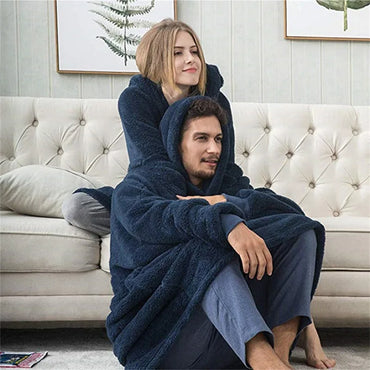 Women's Thick Winter Fleece Hooded Pullover Jacket – Double-Layer Warm Long Hoodie with Pockets