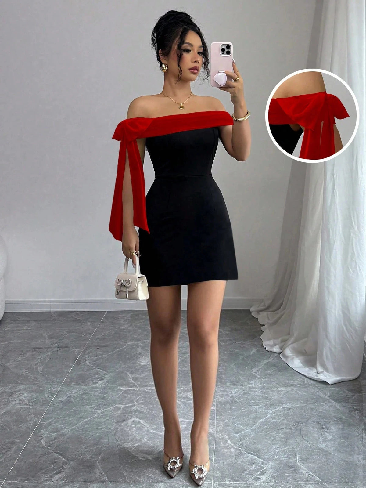 Women’s Black Lace Patchwork Midi Dress – Slash Neck, Slim Fit A-Line, Mid-Calf Length, All-Season Party & Evening Dress, Sizes S–XXL