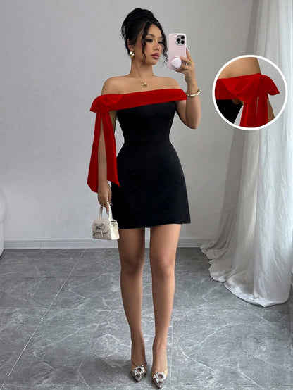 Women’s Black Lace Patchwork Midi Dress – Slash Neck, Slim Fit A-Line, Mid-Calf Length, All-Season Party & Evening Dress, Sizes S–XXL