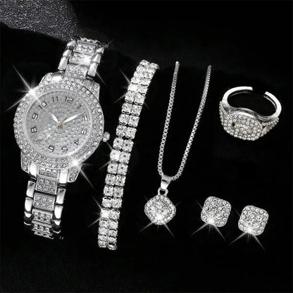 6-Piece Women's Rhinestone Bracelet Quartz Watch Set – Alloy Crystal Wristwatches for Ladies Gift