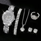 6-Piece Women's Rhinestone Bracelet Quartz Watch Set – Alloy Crystal Wristwatches for Ladies Gift
