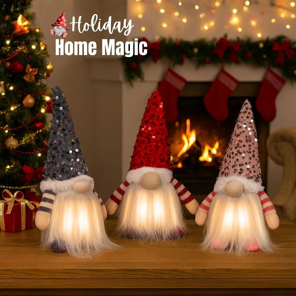 Three illuminated gnomes with sequined hats on a mantelpiece with Christmas decorations.
