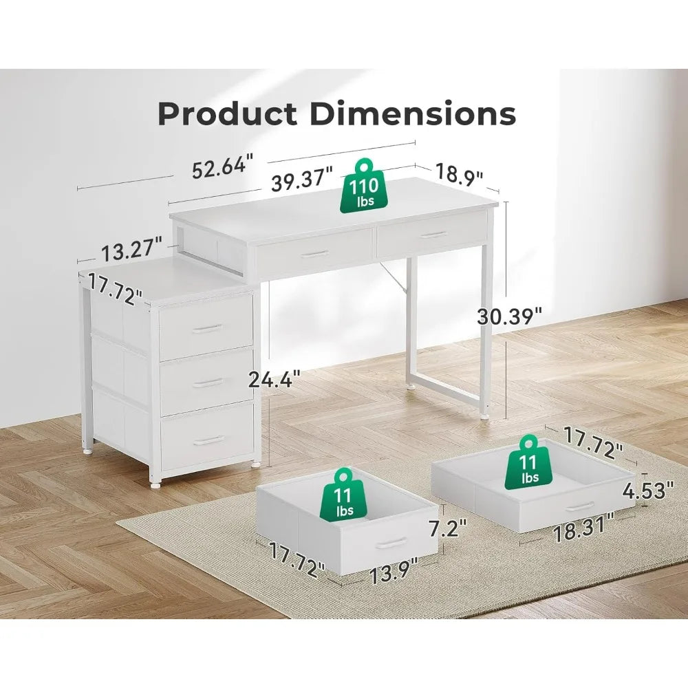53" Computer Desk with 5 Drawers - Study Desk, Vanity Table, Home Office, Bedroom - Rustic Brown, Black, White