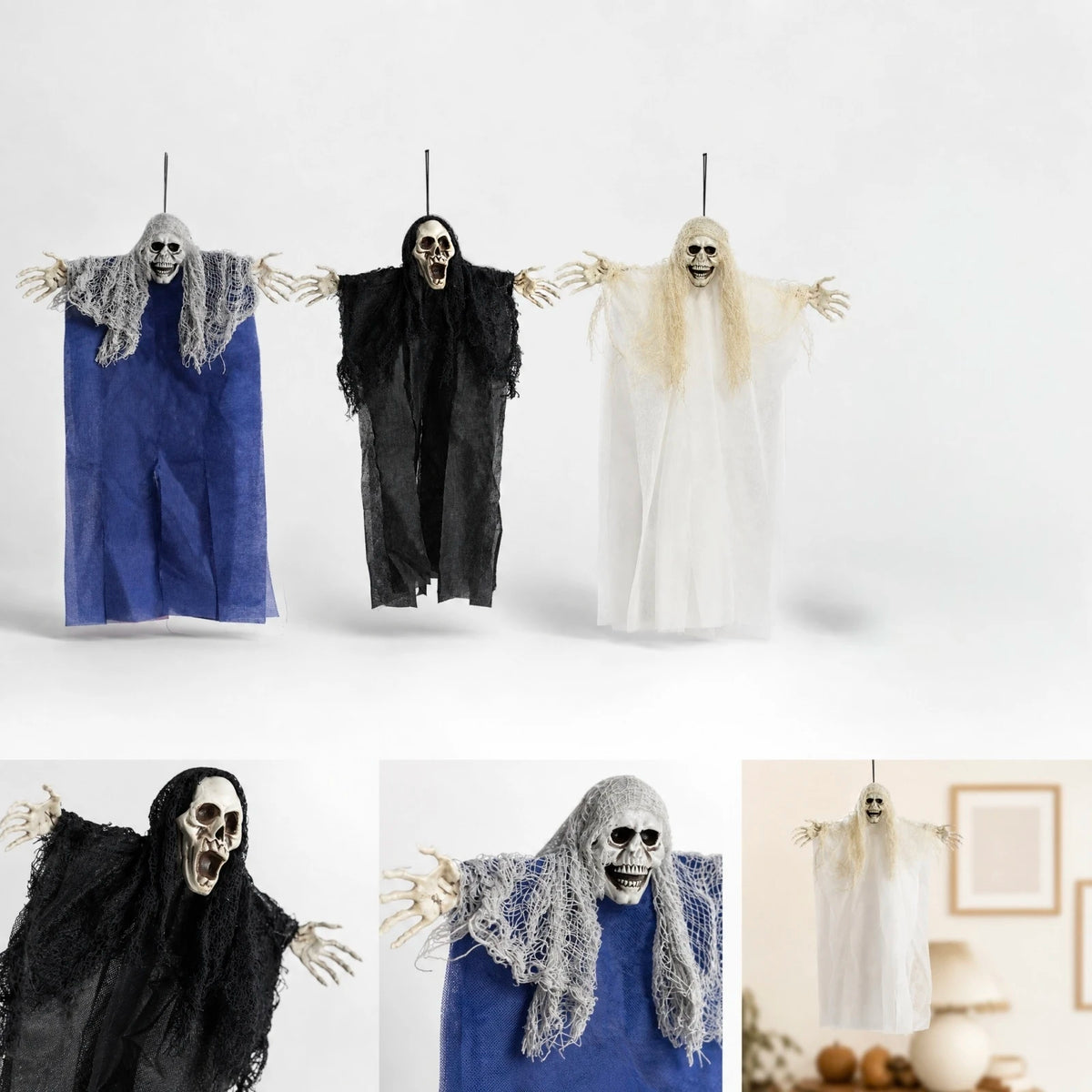 Halloween Hanging Ghost & Zombie Scary Face Pendant – Fabric Horror Cloak Ornament for Haunted House, Bar, Escape Room & Party Decor – Black, White or Blue