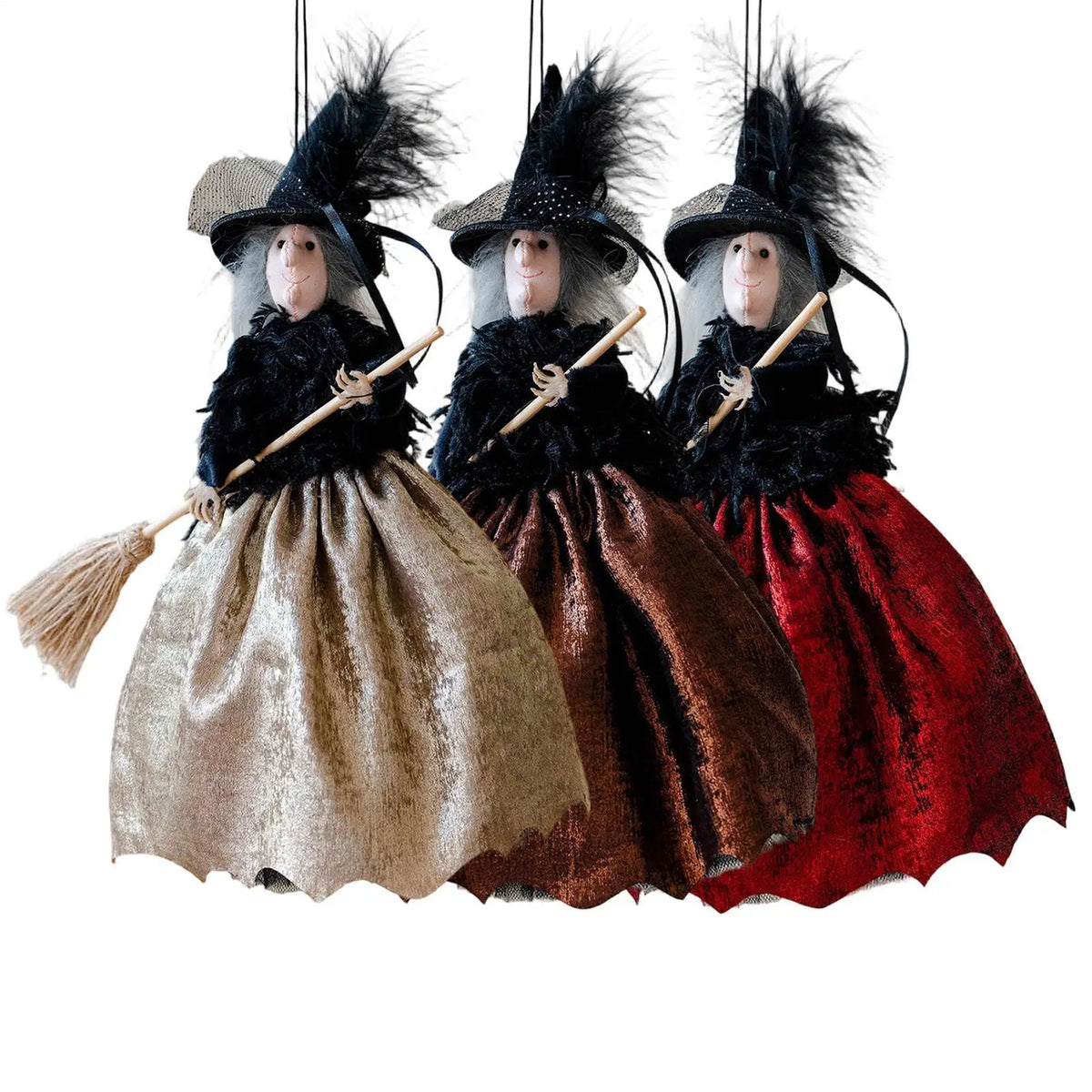 Halloween Witch Doll Hanging Ornament & Tree Topper – Retro Fabric Witch with Hat & Broom for Home, Party & Haunted House Decor – Champagne, Red or Brown