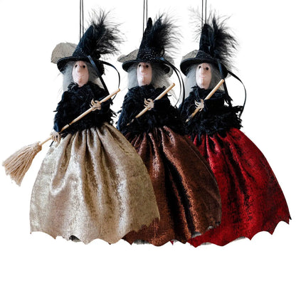 Halloween Witch Doll Hanging Ornament & Tree Topper – Retro Fabric Witch with Hat & Broom for Home, Party & Haunted House Decor – Champagne, Red or Brown