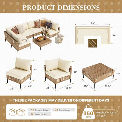 7-Piece High-Leg Modular PE Wicker Outdoor Sectional Sofa Set - Rust-Proof Frame, 4" Seat Cushions, Machine-Washable Covers, Tempered Glass Table