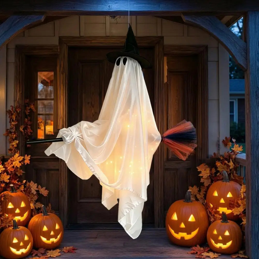 Hanging Ghost with Broom Halloween Decoration, Light Options