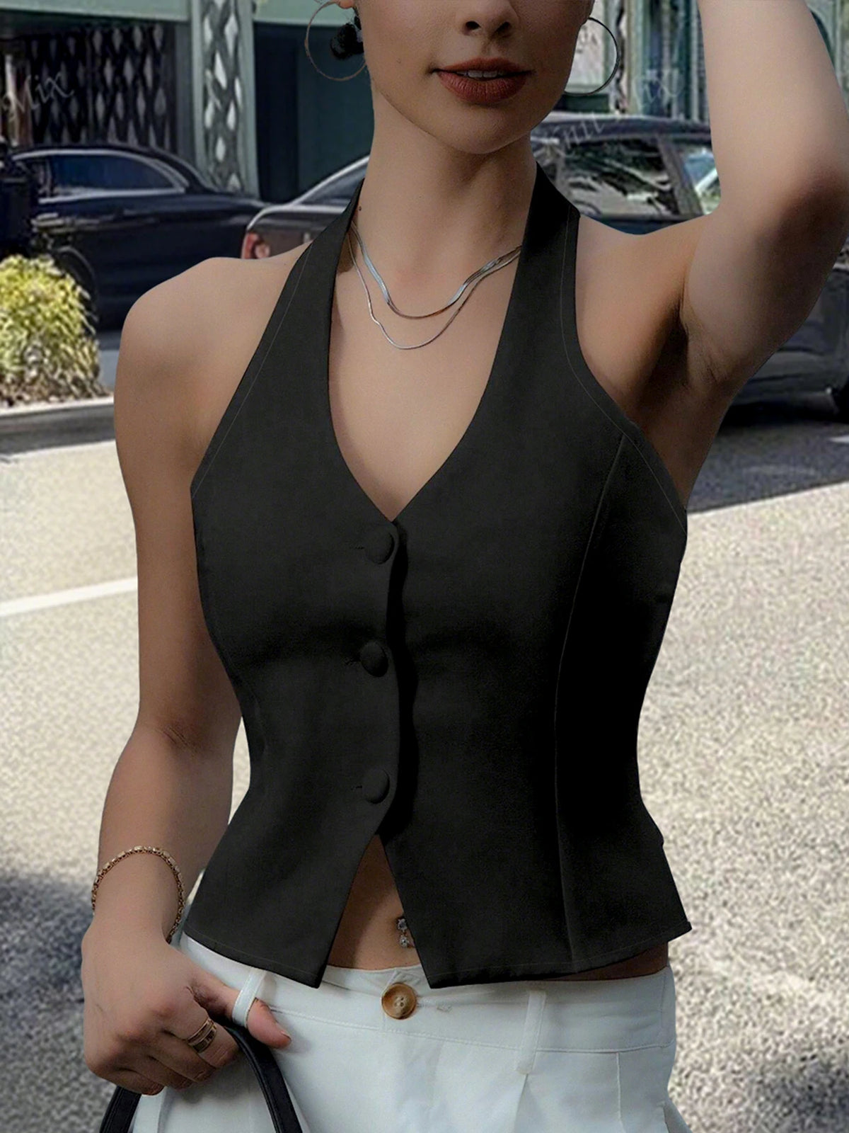 Women’s Black Halter Neck Button Cropped Vest Top – Sleeveless V-Neck Slim Fit Back-Tie Tank, Sizes S–XXL