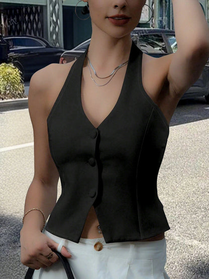 Women’s Black Halter Neck Button Cropped Vest Top – Sleeveless V-Neck Slim Fit Back-Tie Tank, Sizes S–XXL