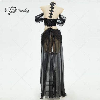 MEOWCOS Women's Gothic Elf Cosplay Bodysuit Set - Chiffon & Satin, Detachable Hood, Arm Sleeves & Necklace, Black, Sizes S-XL