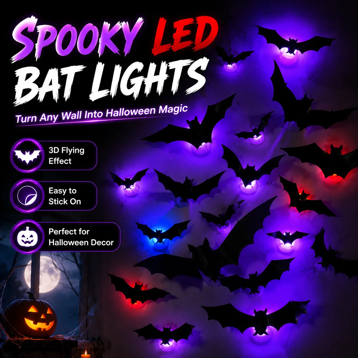 Halloween Bat Wall Light Decorations - 12 to 70 Piece Sets