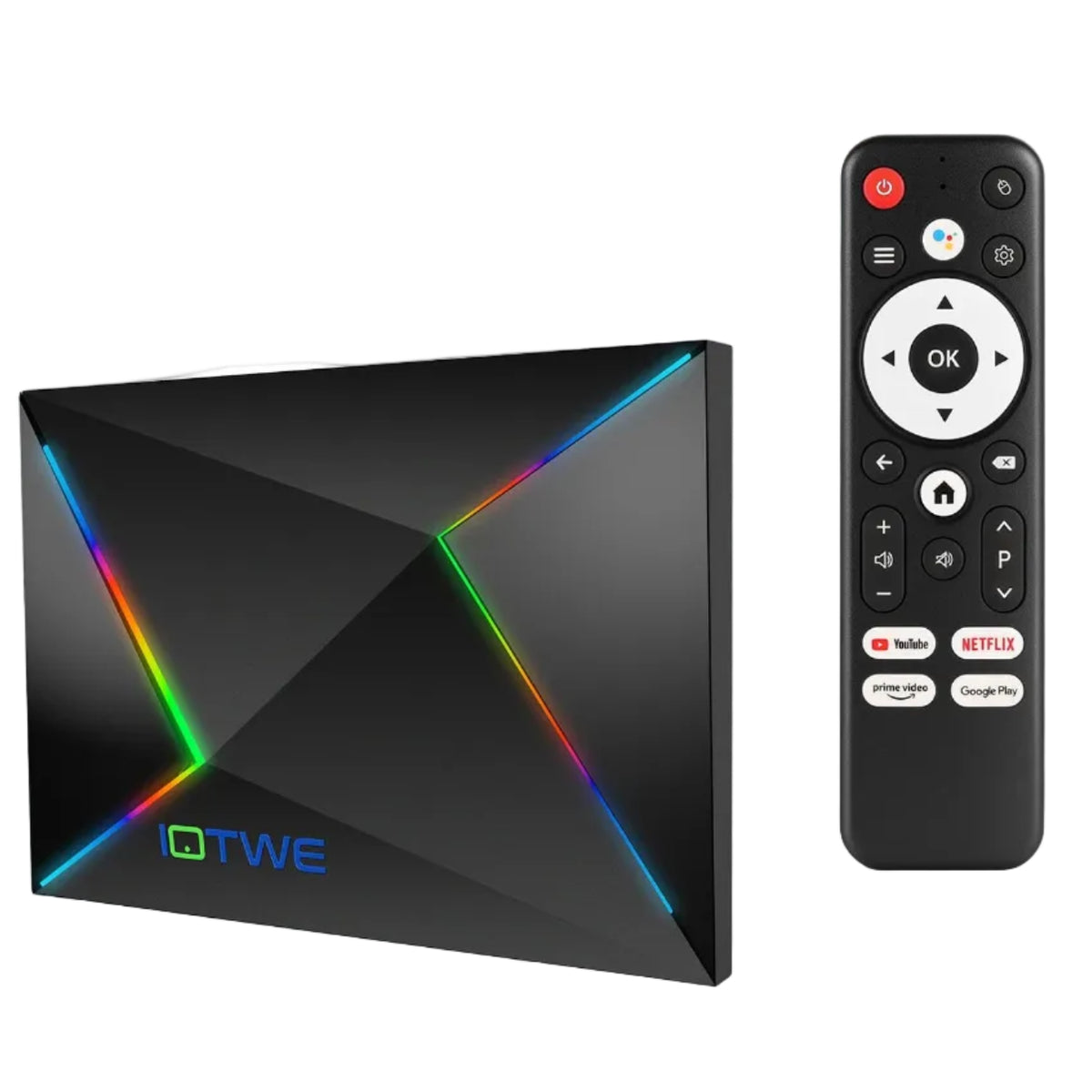 Black Allwinner H728 smart TV box with RGB lighting accents, shown next to a black remote control on a white and purple promotional background. Text highlights Android 14, voice assistant, USB 2.
