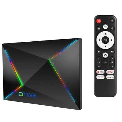 Black Allwinner H728 smart TV box with RGB lighting accents, shown next to a black remote control on a white and purple promotional background. Text highlights Android 14, voice assistant, USB 2.