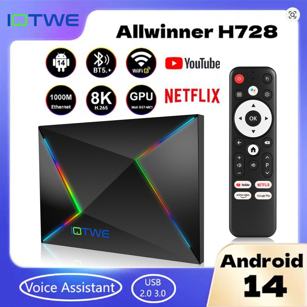 Black Allwinner H728 smart TV box with RGB lighting accents, shown next to a black remote control on a white and purple promotional background. Text highlights Android 14, voice assistant, USB 2.