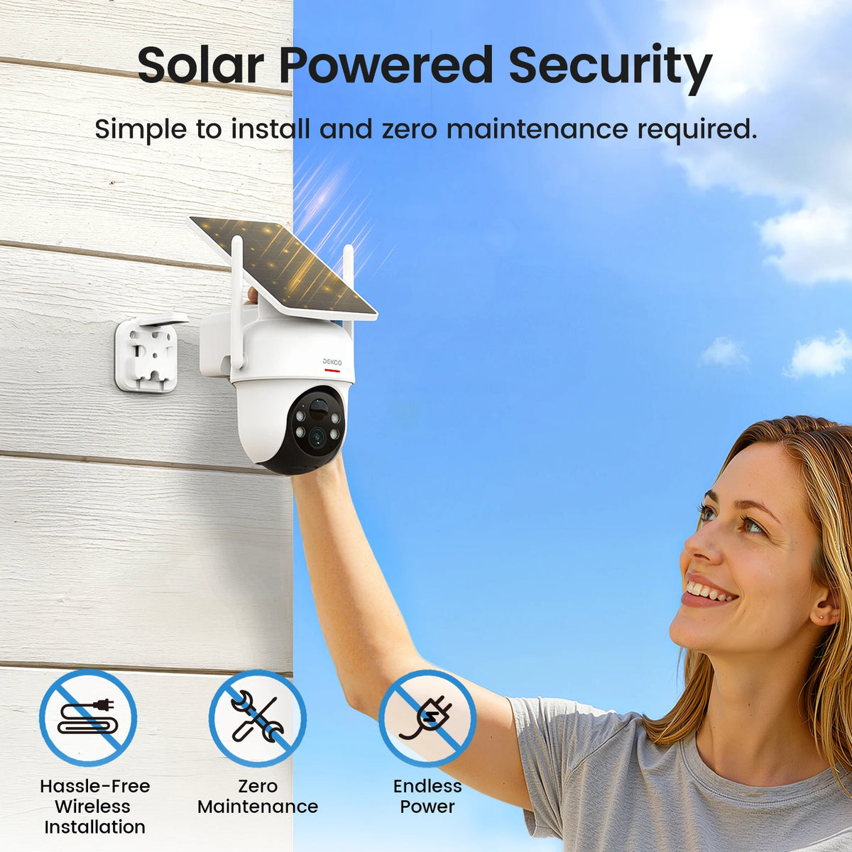 Dekco 4-Camera 3MP Solar Security System with DekcoBase - 5000mAh, 360° PTZ, Auto Tracking, No Subscription, Alexa, US Plug