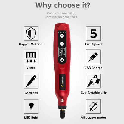 USB Rechargeable Wireless Engraving Pen - Mini Cordless Rotary Drill with Grinding Accessories