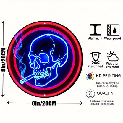 Stand out  Aluminum Neon Skull Sign. Round, Cigarette Wreath.Ideal Wall Art for Kitchen, Office, Garden. Great for Festive Decor