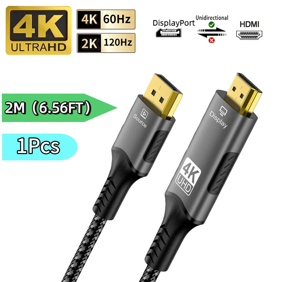 FDBRO DisplayPort to HDMI Cable - Uni-Directional, 4K@60Hz, HDR, VRR, Gold-Plated, Nylon Braided, 3.3/6.6/9.8ft, 1-5 Pack