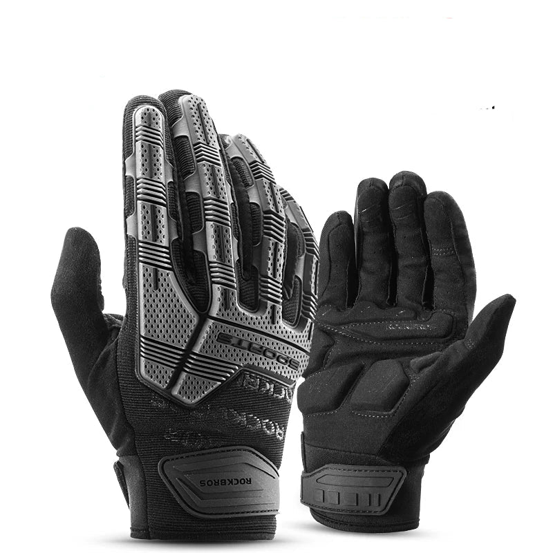Black gloves with text highlighting features on a white background