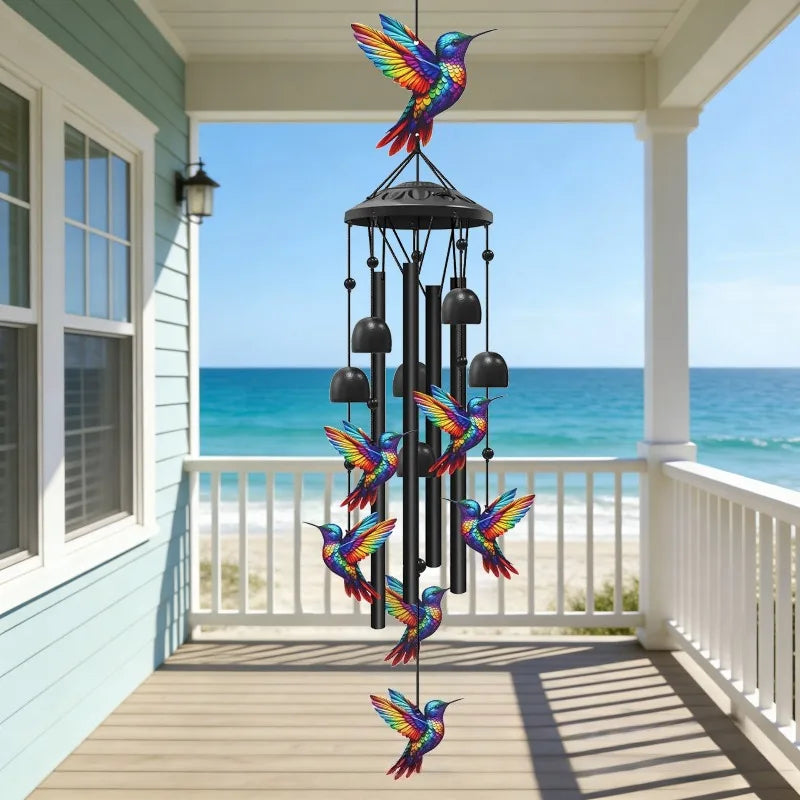 Hummingbird & Cardinal Metal Wind Chimes – Colorful Outdoor Garden Decor, ~37" with Aluminum Tubes & Bells