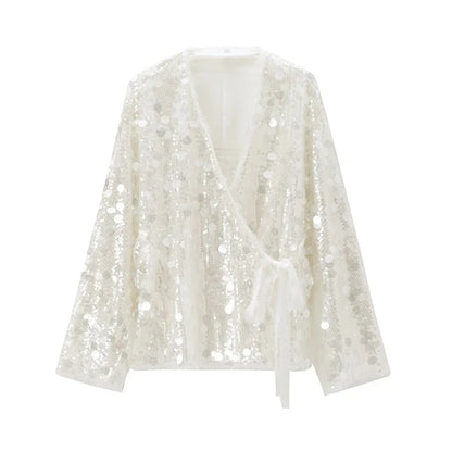Women’s Sequin Kimono Jacket V-Neck Long Sleeve Patchwork Wrap Coat with Lace-Up Belt