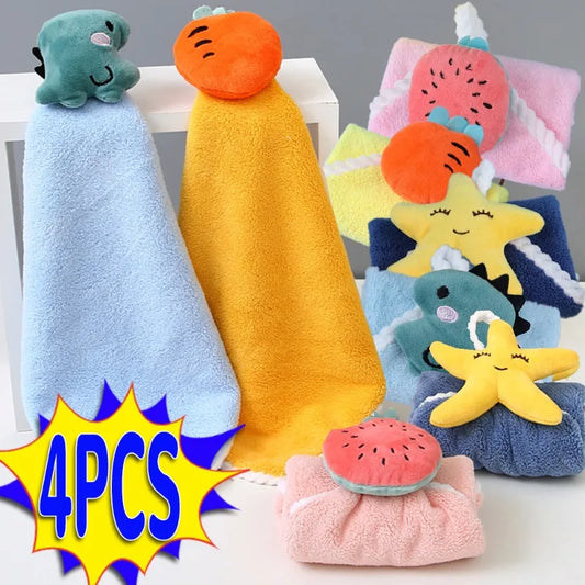 4-Pack Cartoon Kids Hanging Hand Towels - Soft Absorbent 11 x 11 in (28 x 28 cm) Washcloths for Baby, Kitchen & Bathroom