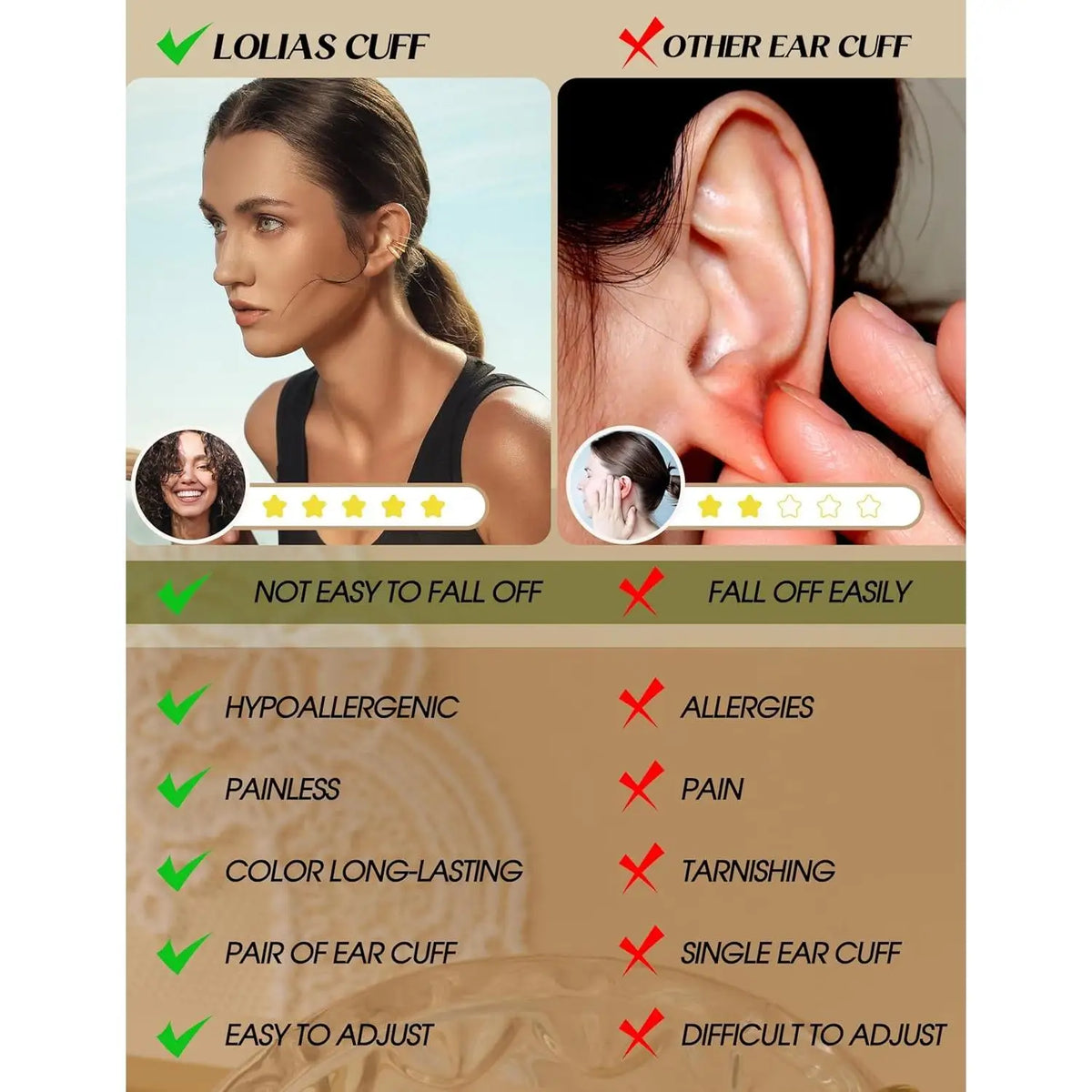 drperfect 4-Pair Ear Cuff Set - No Piercing, Adjustable Clip-On Cartilage Earrings, Brass, 14K Gold Plated or Silver, Hypoallergenic, Nickel-Free - 6 Styles