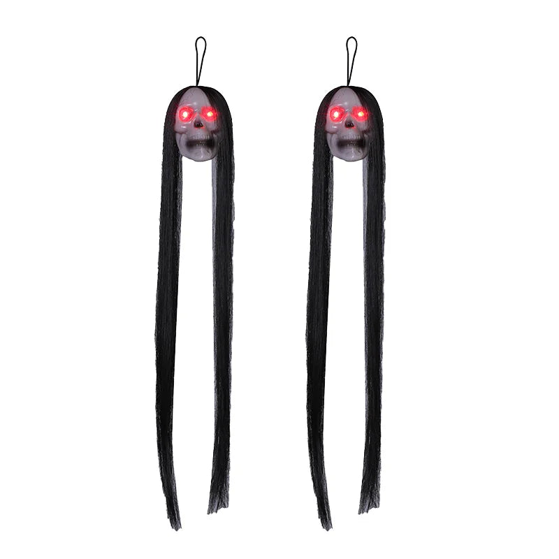 Hanging Ghost Skull Decoration with Long Hair and Glowing Eyes