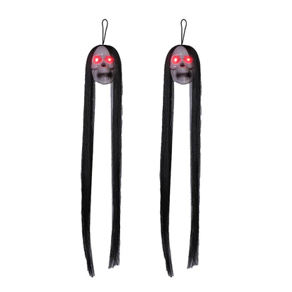 Hanging Ghost Skull Decoration with Long Hair and Glowing Eyes