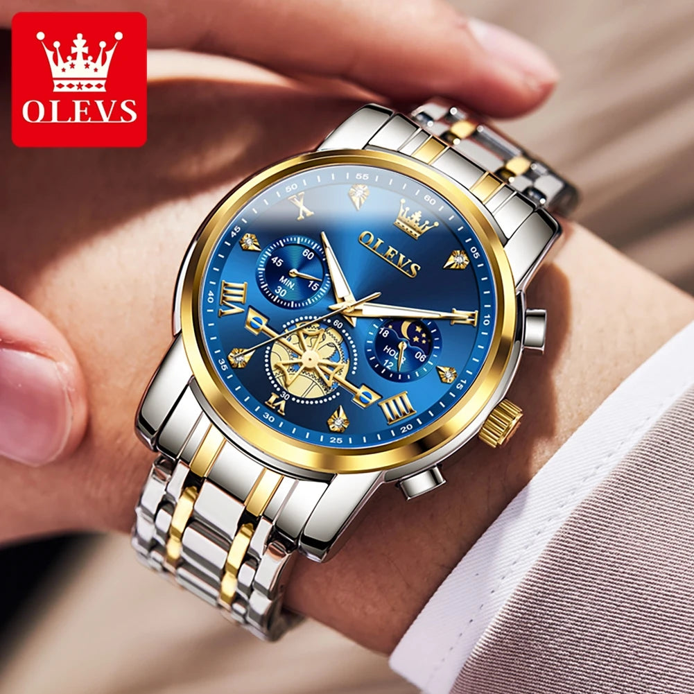 OLEVS 2856 Men's Skeleton Chronograph Watch - Flywheel Dial, Moon Phase, Steel Bracelet, 30m Water Resistant