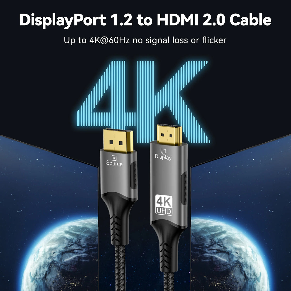 FDBRO DisplayPort to HDMI Cable - Uni-Directional, 4K@60Hz, HDR, VRR, Gold-Plated, Nylon Braided, 3.3/6.6/9.8ft, 1-5 Pack