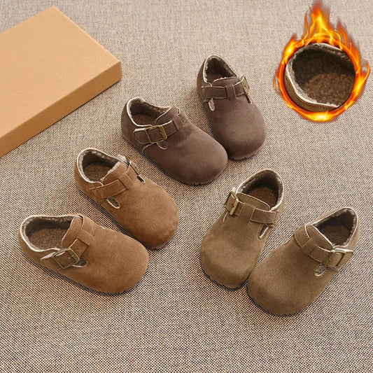 Kids Winter Suede Moccasins – Non-Slip Soft Sole Flat Shoes for Boys & Girls (Ages 3–12)
