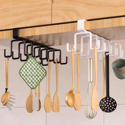 12-Hook Iron Under-Cabinet Mug Rack - Punch-Free Double-Row Cup & Mug Holder, Traceless Storage (Black / White)